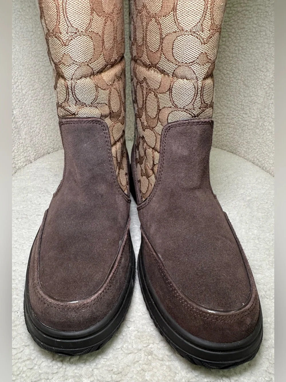 Coach Sherman Signature Logo Shearling Trim‎ Winter Snow Boots Brown Suede 8.5